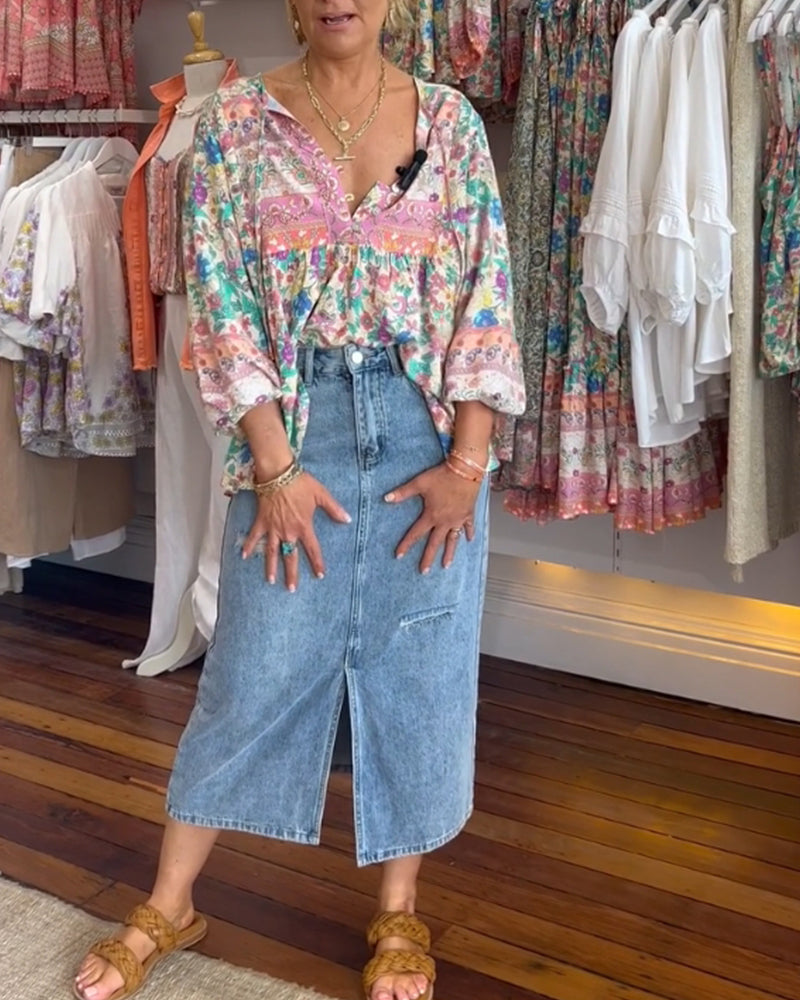 Blouse décontractée à imprimé floral coloré