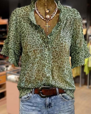 Blouse Teinte Verte Léopard Imprimé Volant