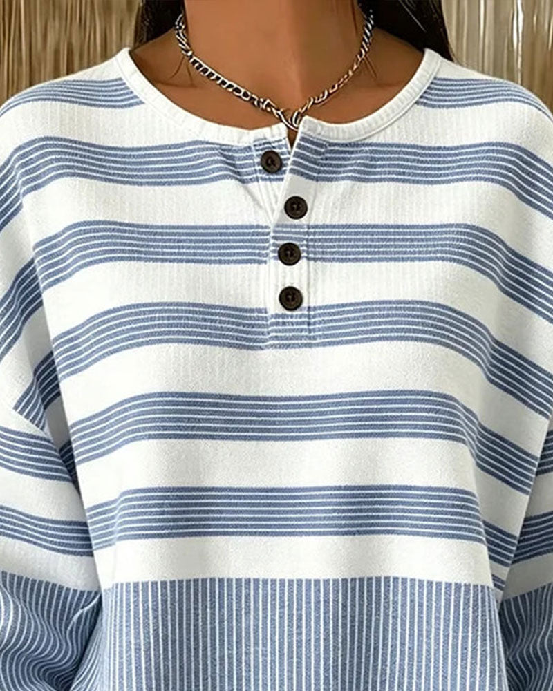 Sweatshirt Rayé Col Henley Manches Longues