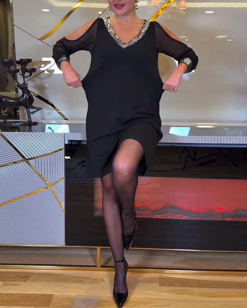 Robe tendance col en V coutures de couleur unie slim