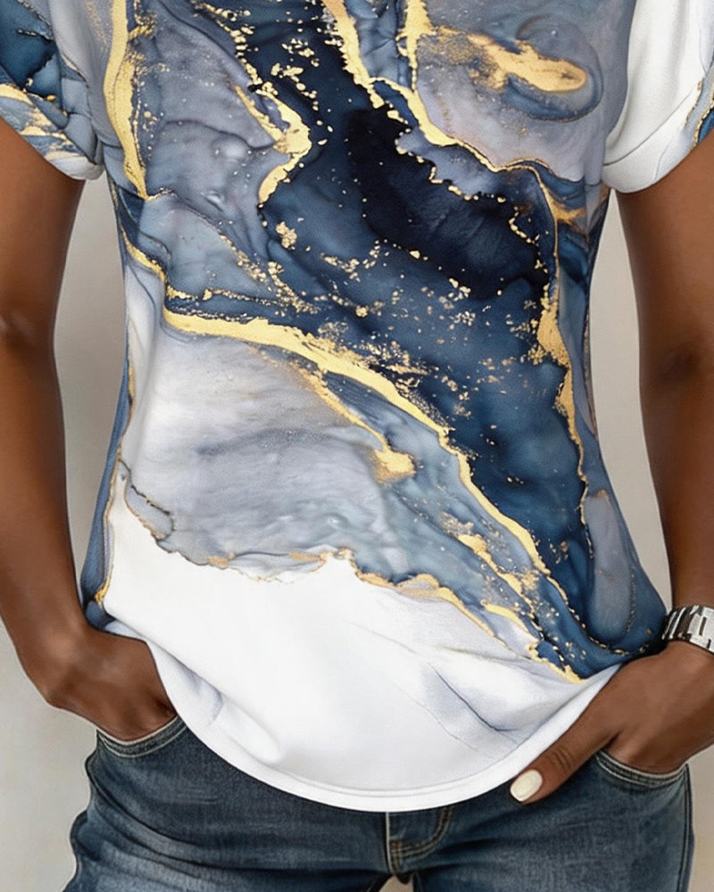 T-Shirt Imprimé Marbre Col En V