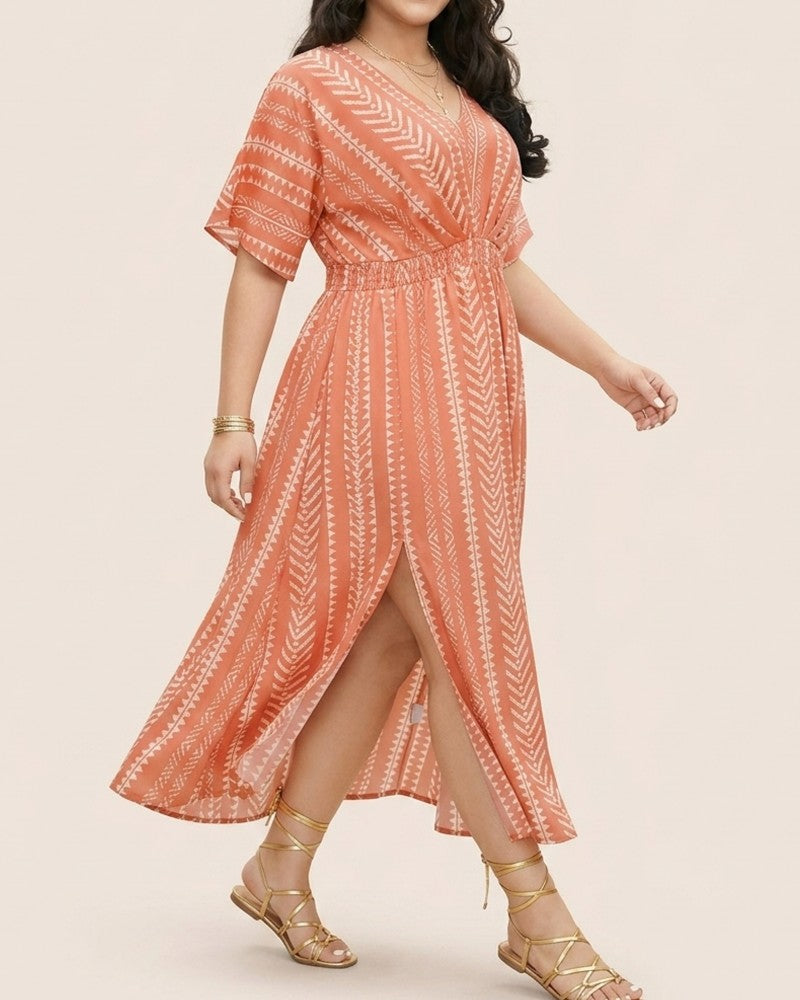 Robe Profond V Bleu Blanc Rayure Géométrique Taille