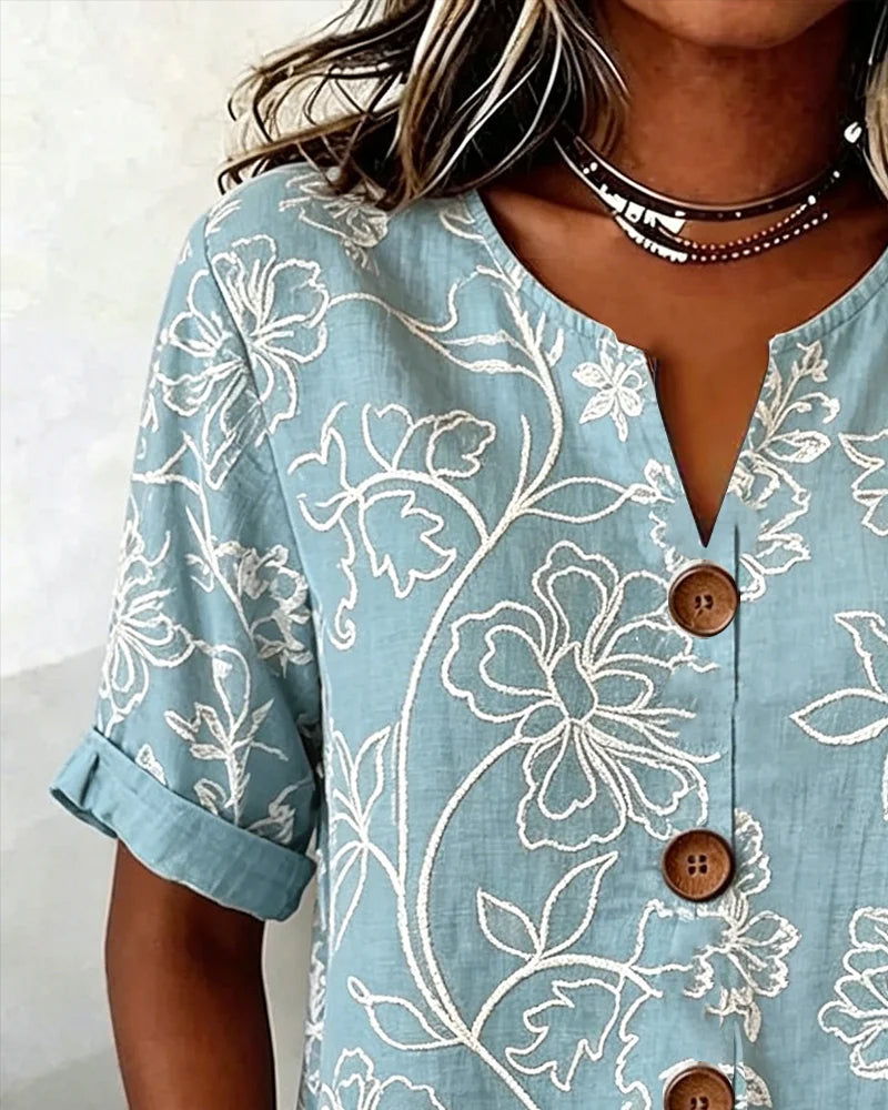 Blouse Col V Imprimé Pivoine Bouton