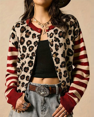Cardigan Rayure Léopard Blocs De Couleurs Boutonné