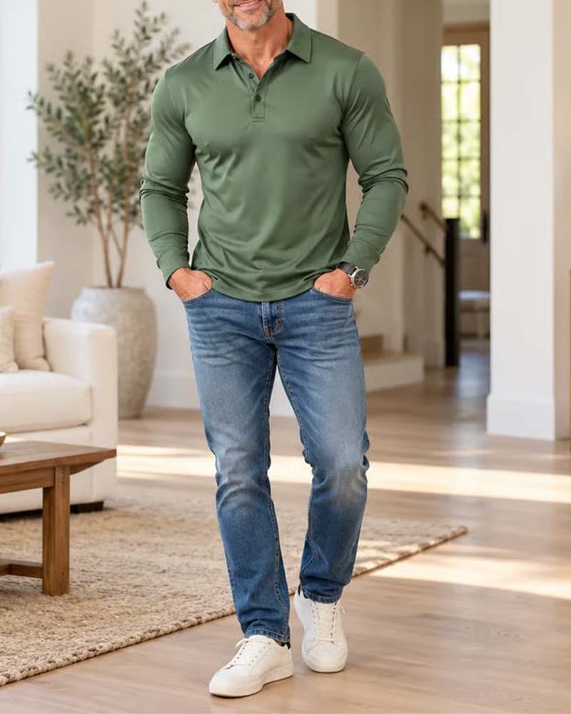 Polo À Manches Longues Avec Col Et Patte Boutonnée Pour Homme