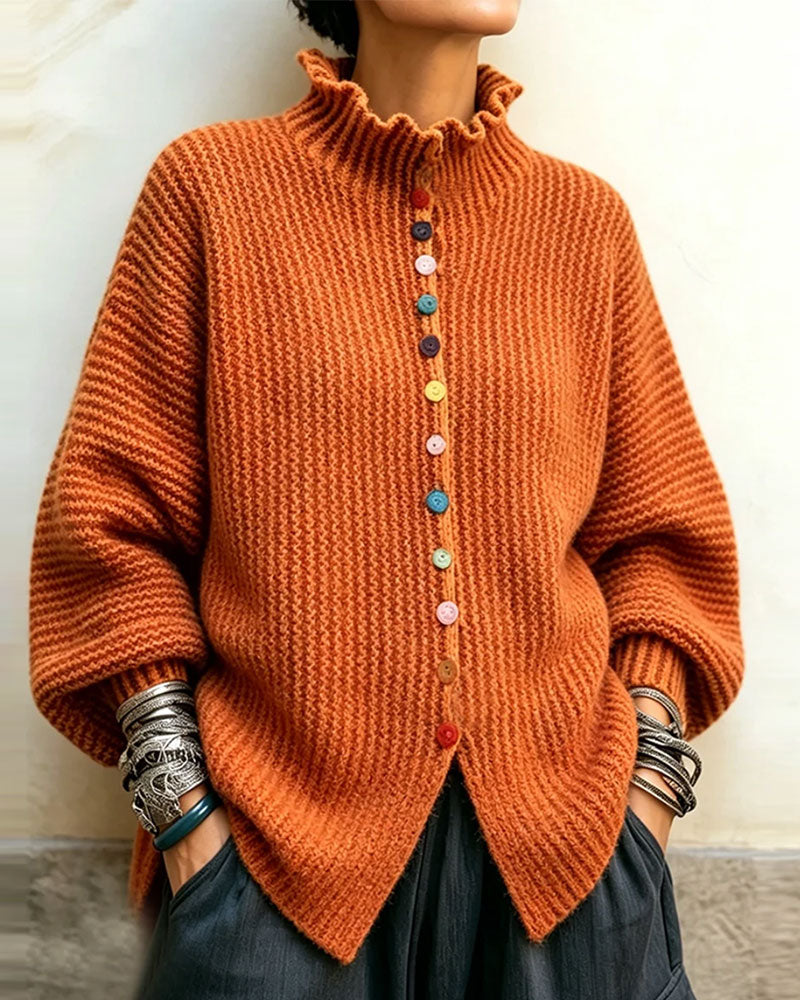 Pullover Couleur Bouton Volant Garniture Tricoté