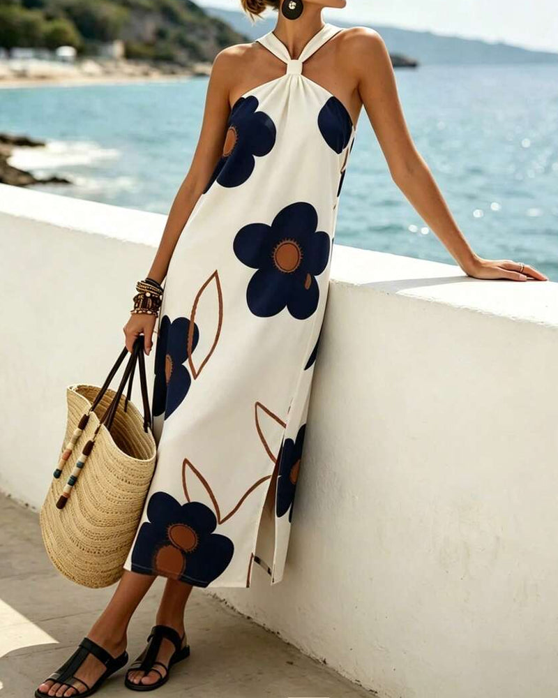 Robe Croisé Halter Fleuri Fente Maxi