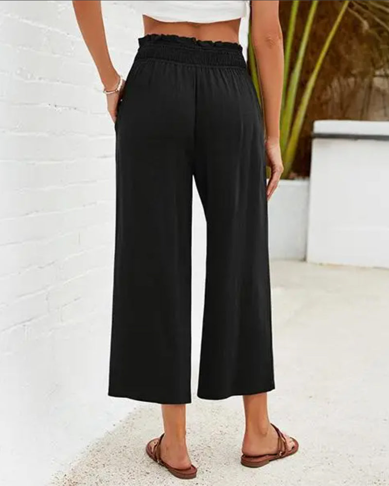 Pantalon Volant Taille Haute Large Jambe Racourci