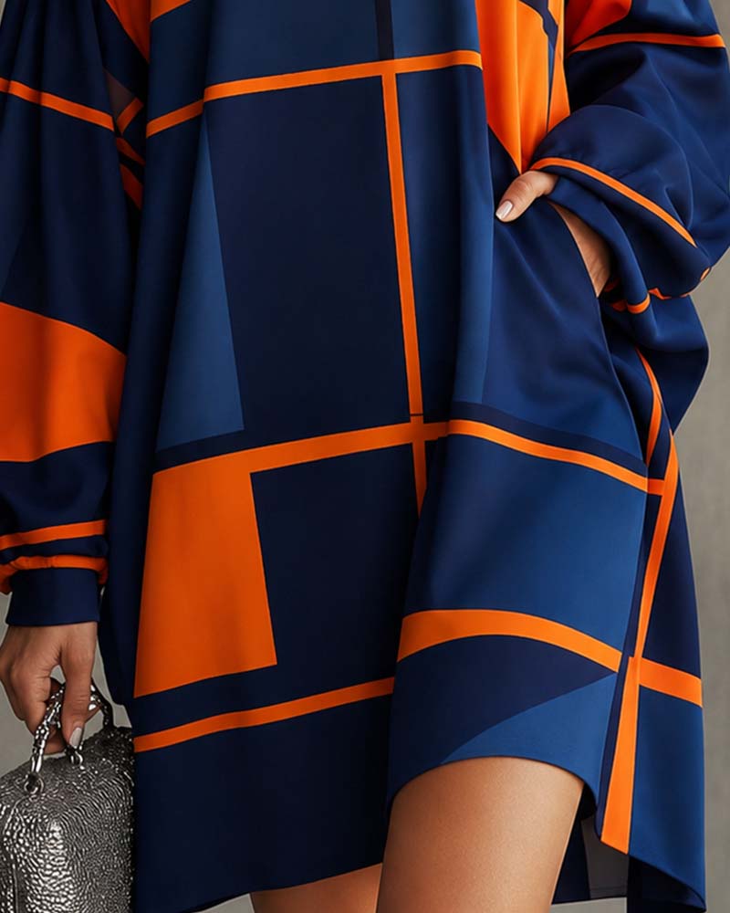 Robe Contraste De Couleur Col Roulé Manche Lanterne
