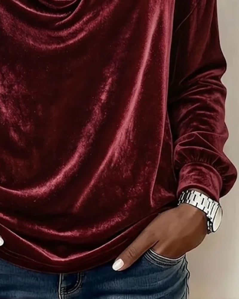 Blouse Velours Bardot Col Drapé Manches Longues