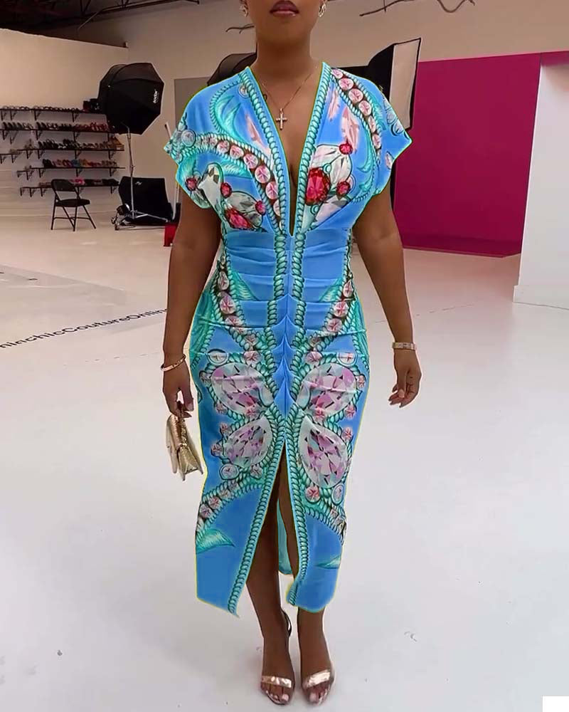 Robe imprimée à taille fendue en V profond