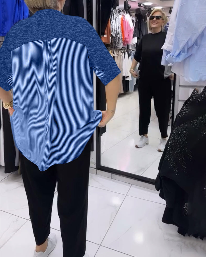 Blouse décontractée patchwork à fines rayures