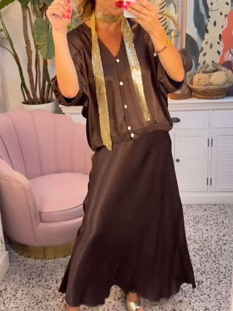 Ensemble jupe décontractée à boutons et col en V