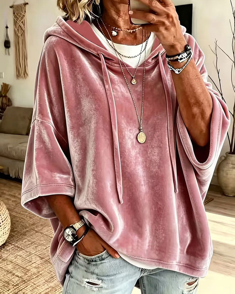 Sweatshirt Manche 3/4 Velours Capuche