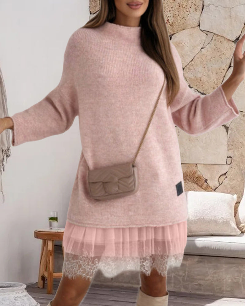 Ensemble robe pull col montant en maille décontractée de couleur unie