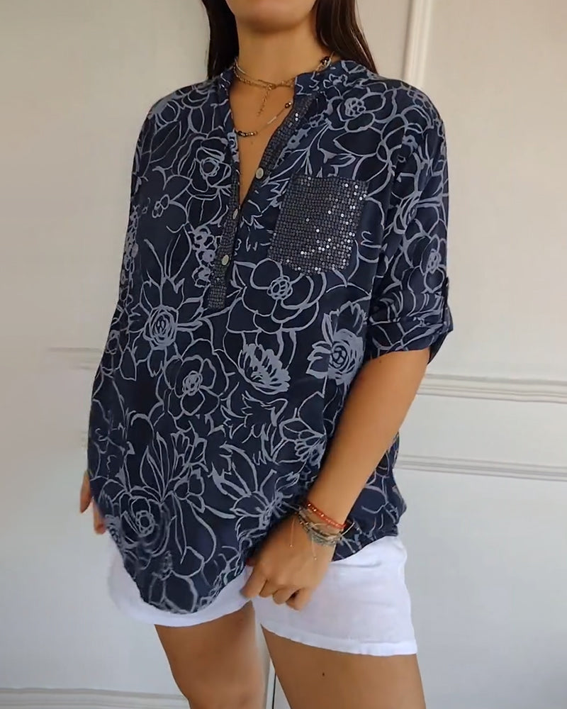 Blouse Col V Boutonnée Imprimée