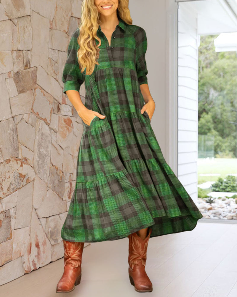 Robe À Revers Carreaux Manches Mi-Longues