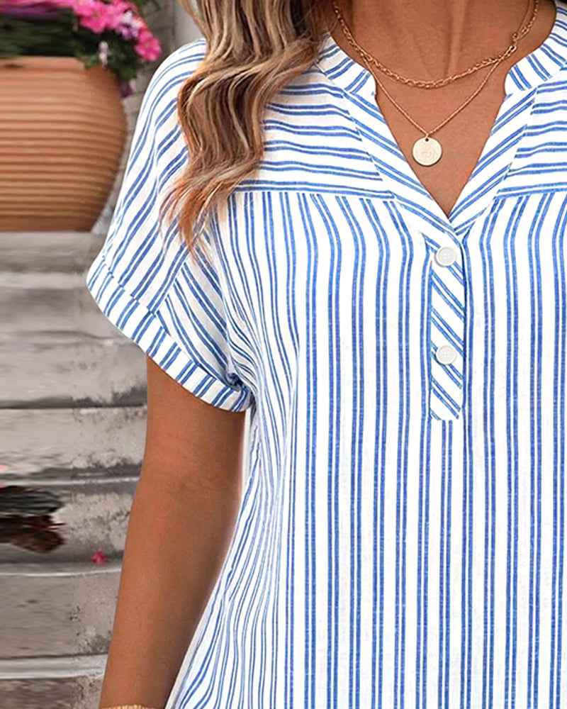Blouse Rayure Col V Bouton Patchwork