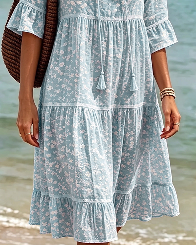 Robe Attacher Col En V Volant Fleuri Ligne A
