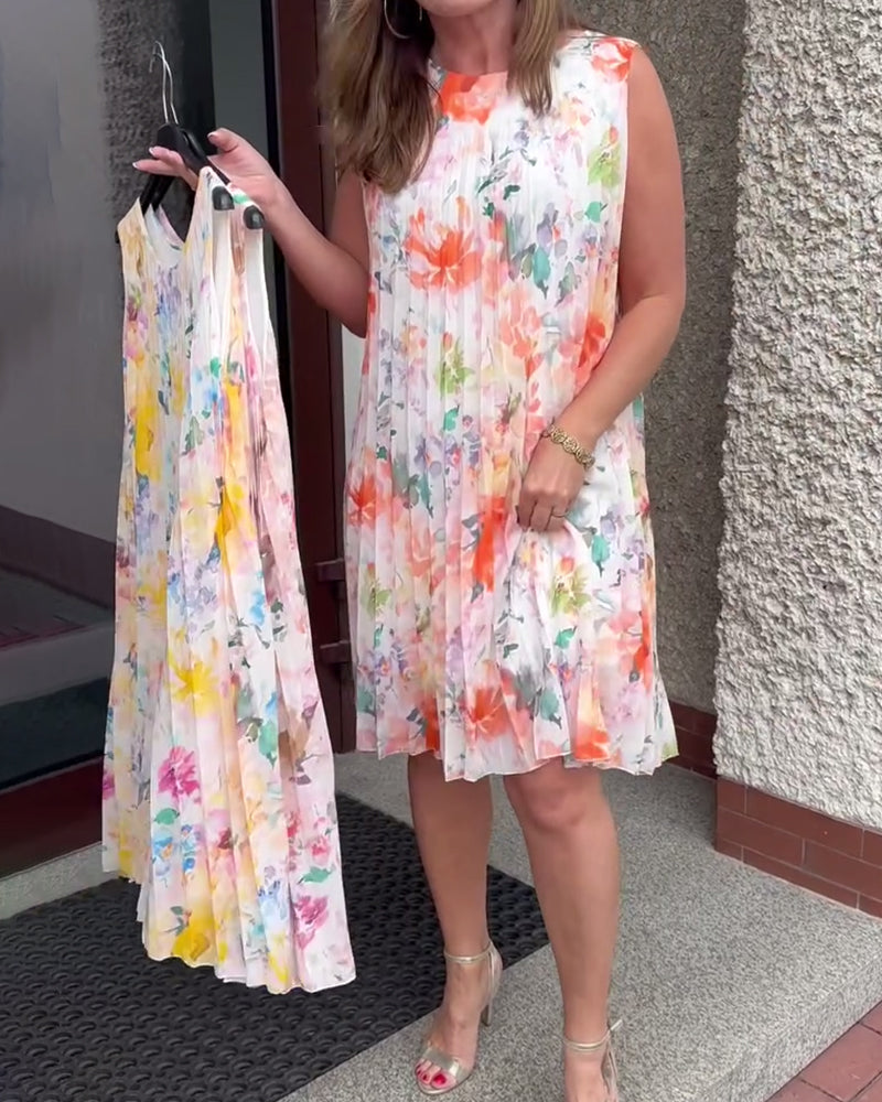 Robe Sans Manches Plissée Fleurie