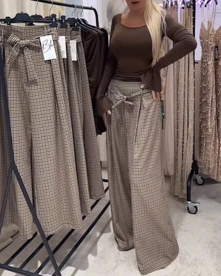 Pantalon Large Pied-De-Poule Style Vieux Riche