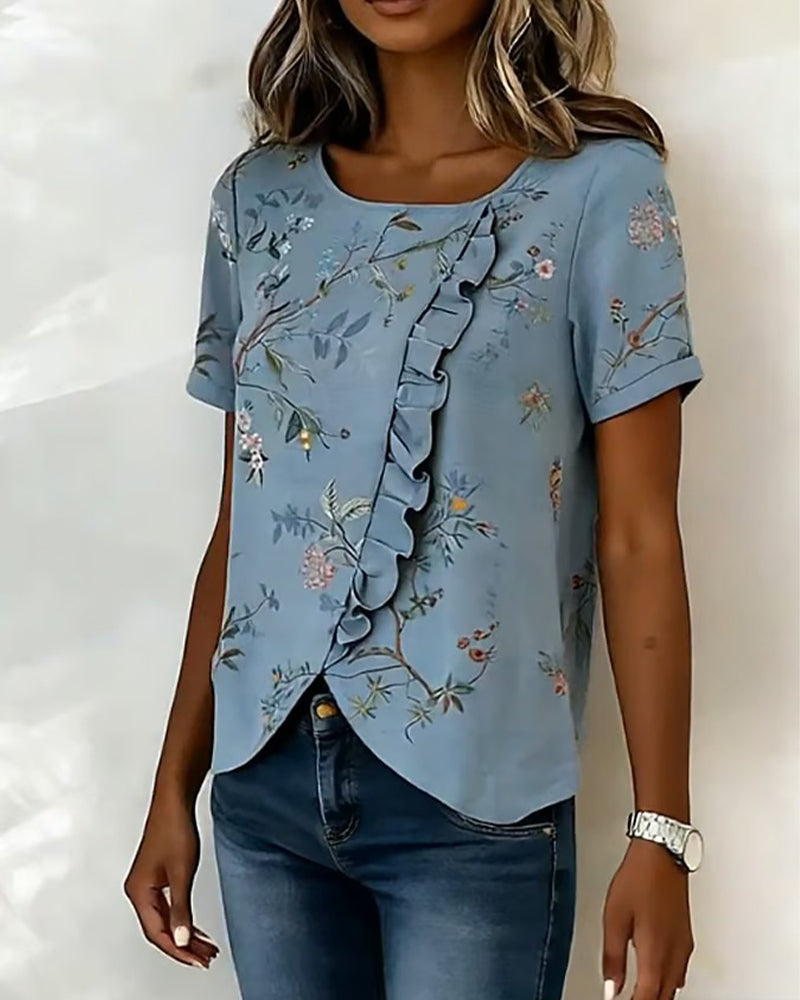 Blouse Col Rond Manches Courtes Volantée Florale