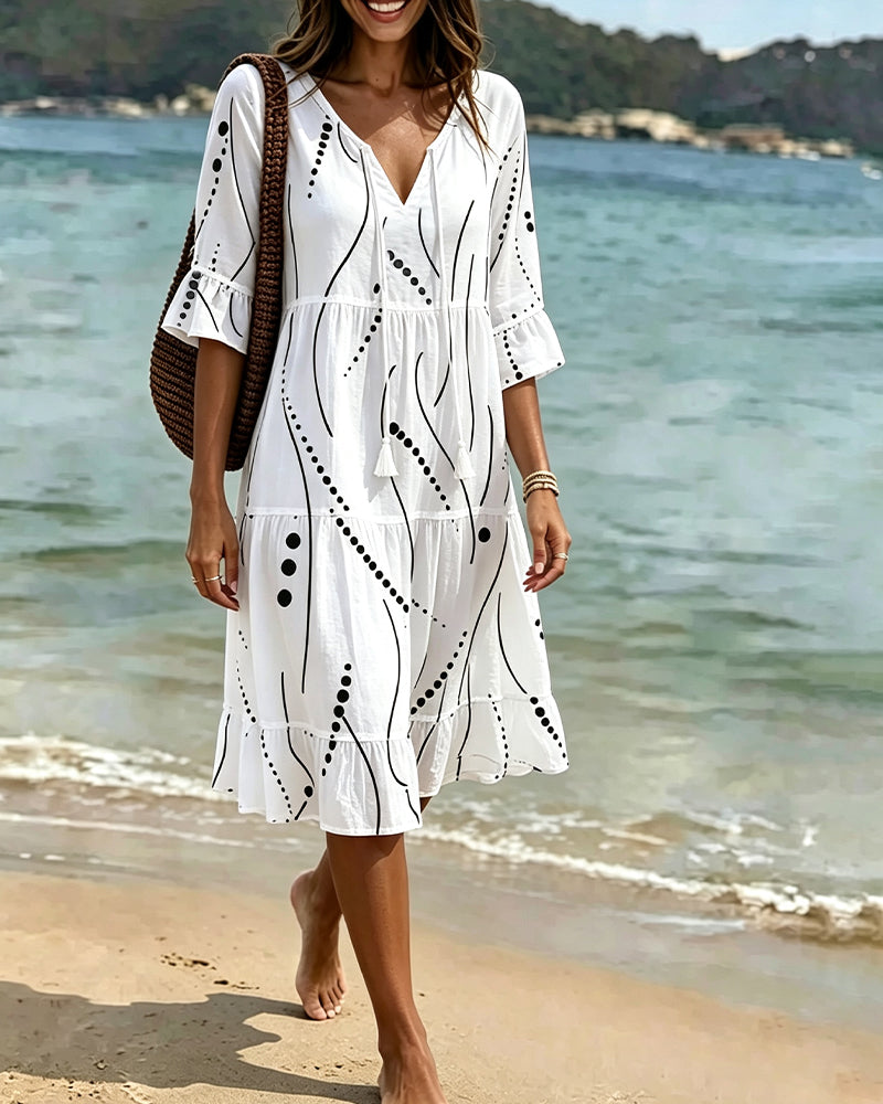 Robe Manches Volant Nœud Taille Pois A-Ligne