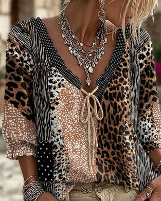 Blouse Col V Léopard Point Manche Bouffante