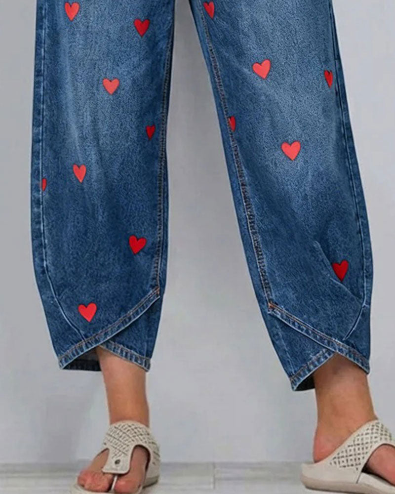 Pantalon Cœur Imprimé Denim Cheville