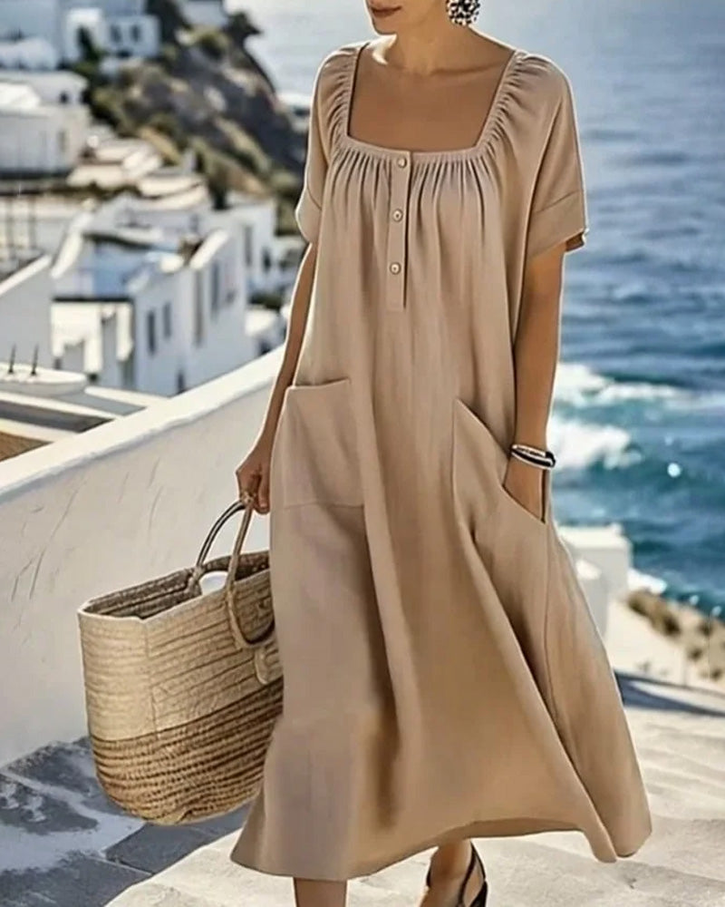 Robe Col Carré Loose Mi-Boutonné Longue