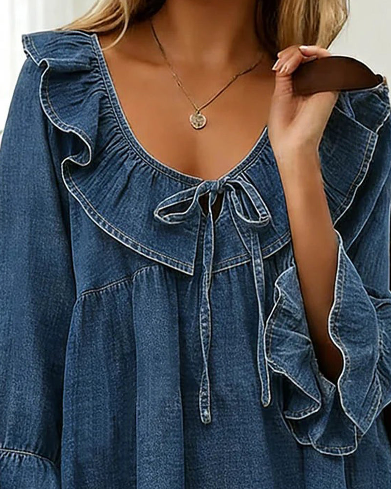 Blouse À Lien Volanté En Denim Col Rond