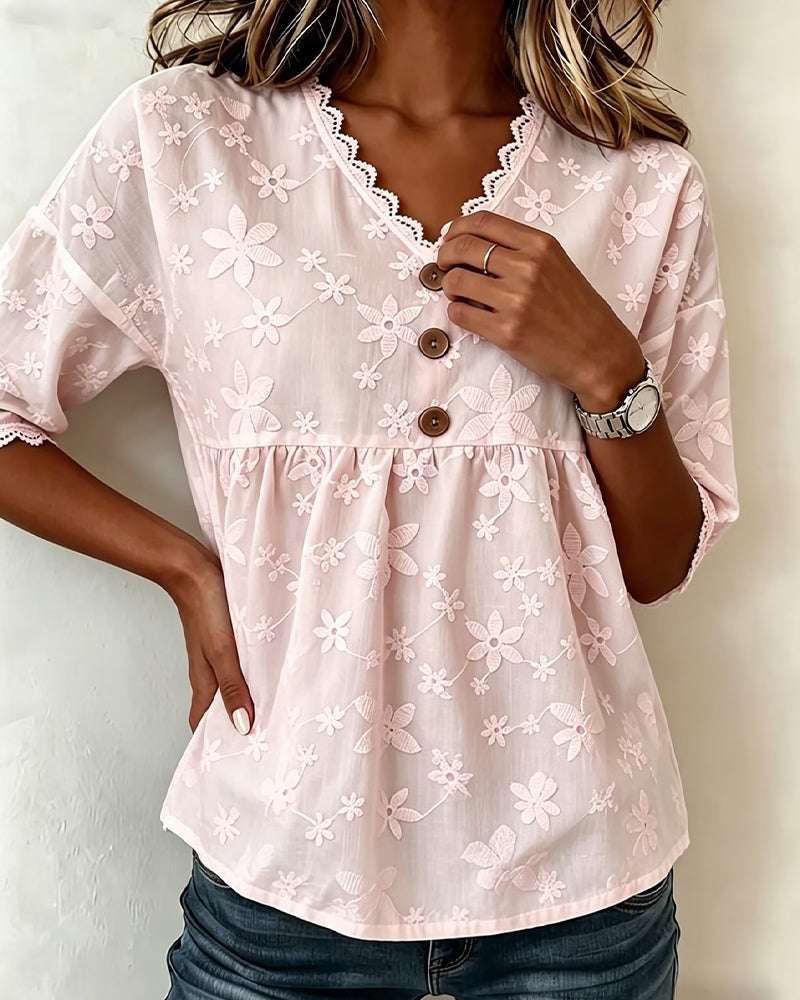 Blouse Fleur Tridimensionnelle Col En V Manches Mi-Longues
