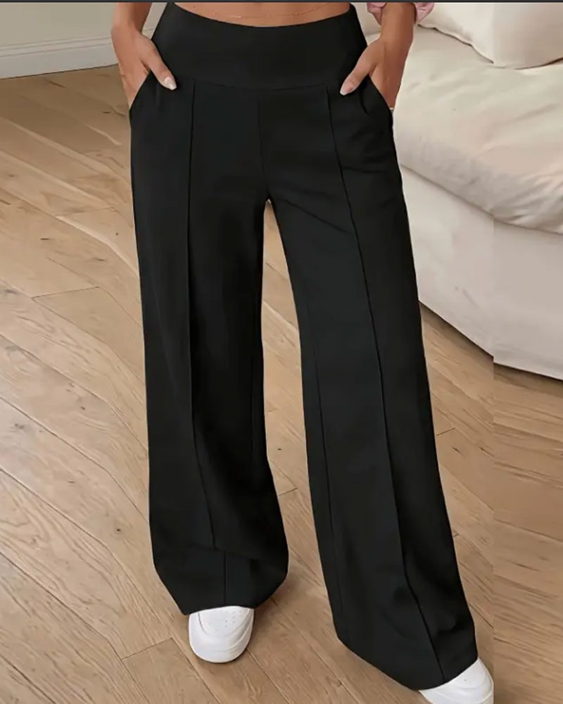 Pantalon Taille Haute Poche Large Jambe Long