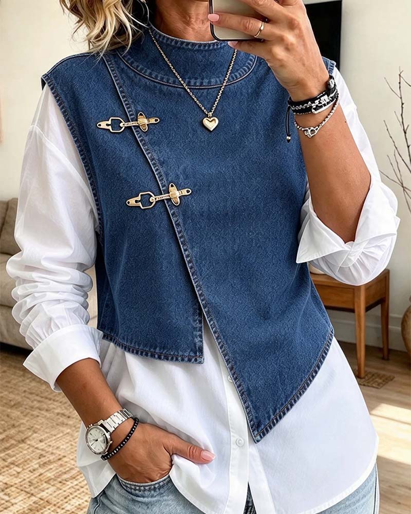Ensemble Bouton Incliné Col Montant Gilet Chemise