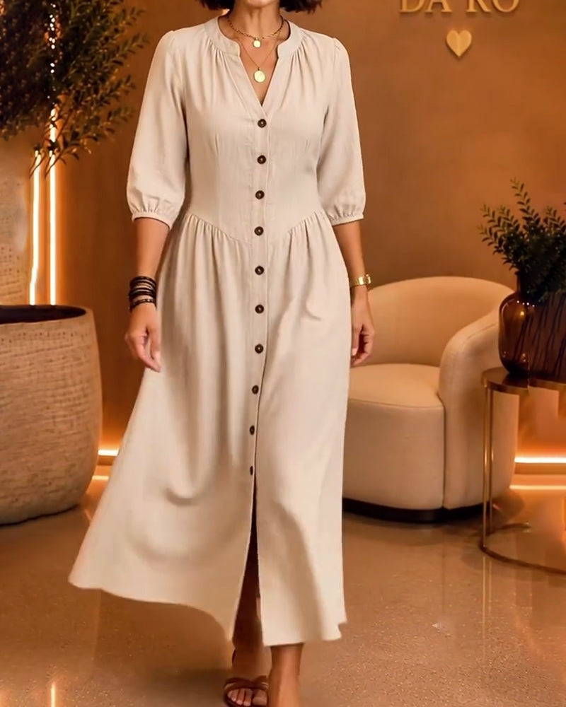 Robe Col En V Bouton Froncée Manche Coude