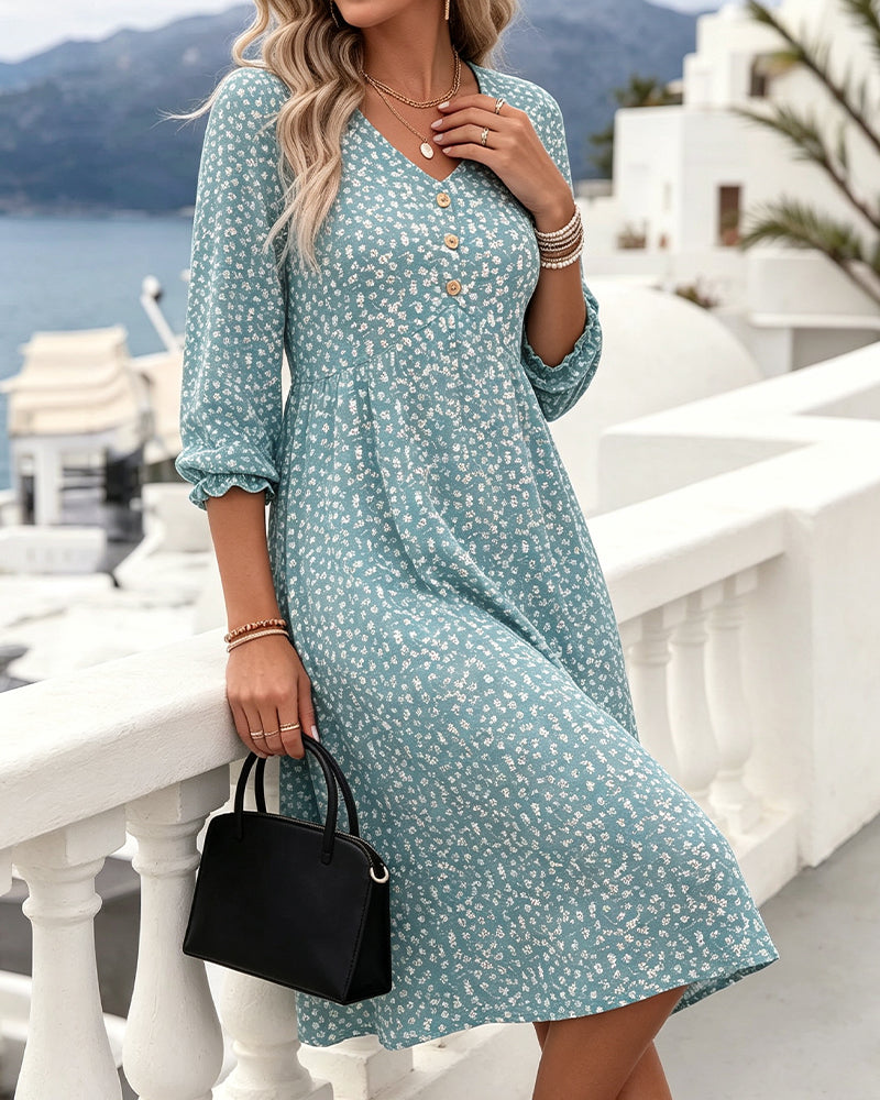 Robe Col En V Fleurie Manches Ballon Coupe A
