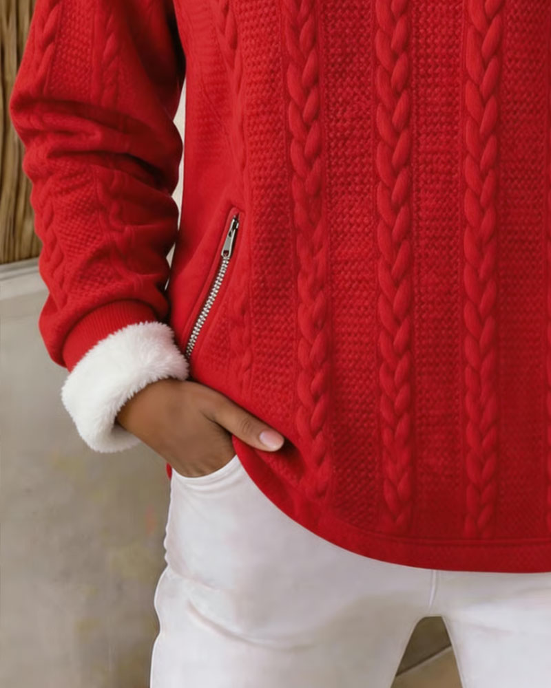 Sweatshirt Tricot Torsadé Doublé Polaire Demi Fermeture Éclair