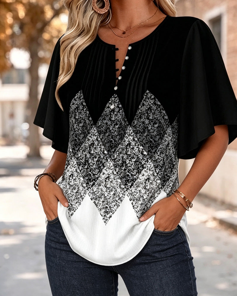 T-Shirt Col En V À Imprimé Dégradé Damier Diamant