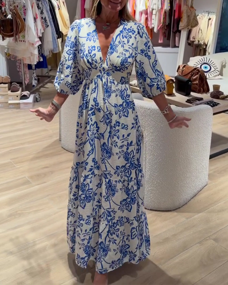 Robe Décolleté Profond En V Élégant Floral Longue