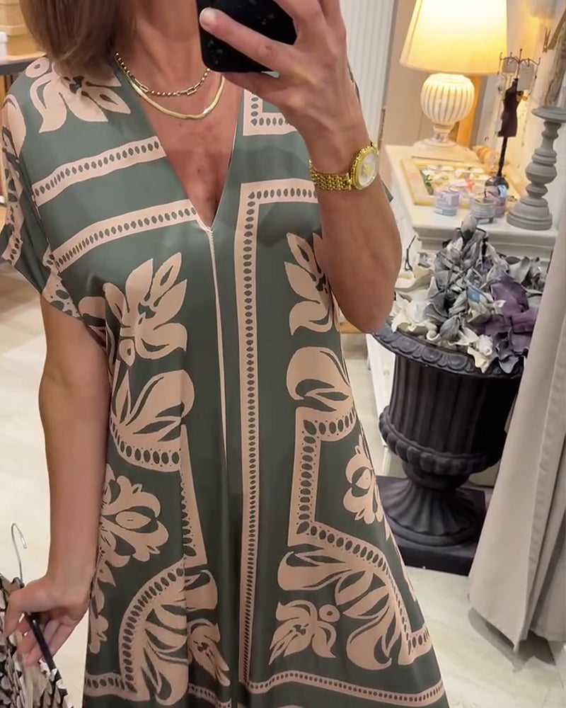 Robe Col En V Jupe Ample Manches Courtes