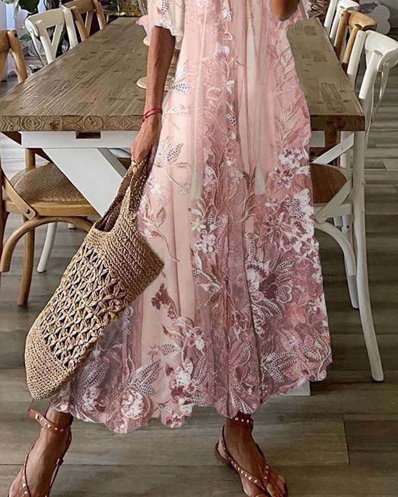 Robe Col En V Fleurie Volant Jupe Ample