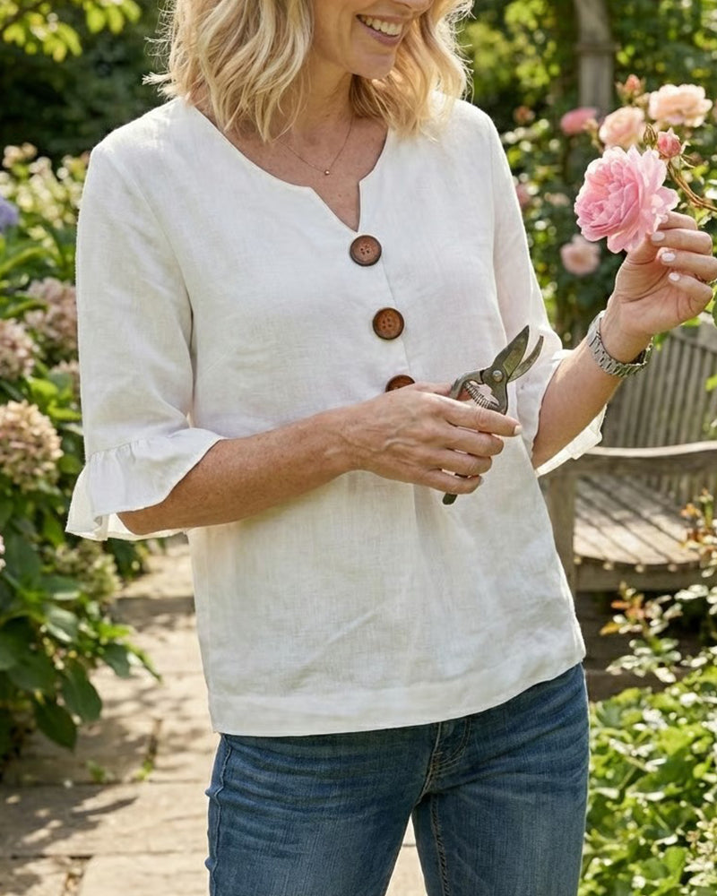 Blouses Unies Coton-Lin Boutons En Bois Volants