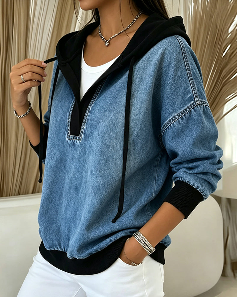 Hoodie Bloc De Couleur Col V Cordon