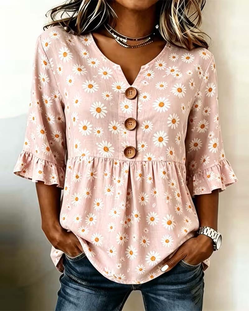 Blouse Imprimé Marguerite Manche Volant Poupée