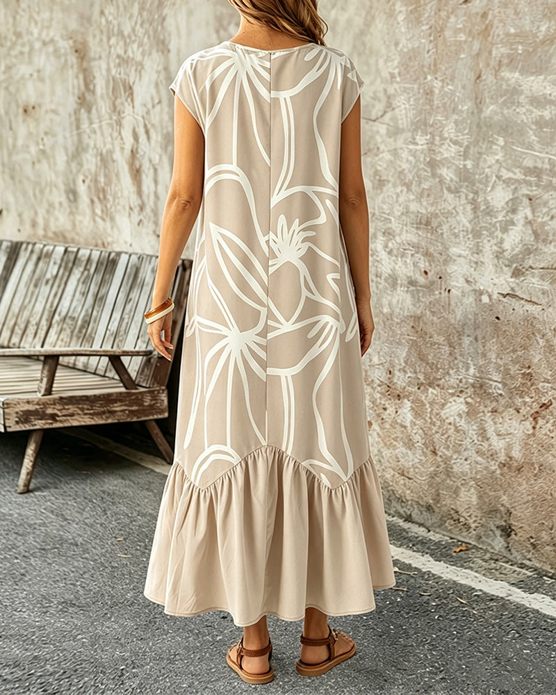 Robe Col Rond Géométrique Imprimé A-Ligne
