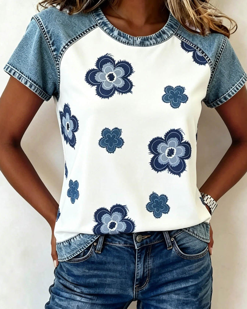 Blouse Denim Patchwork Imprimé Floral