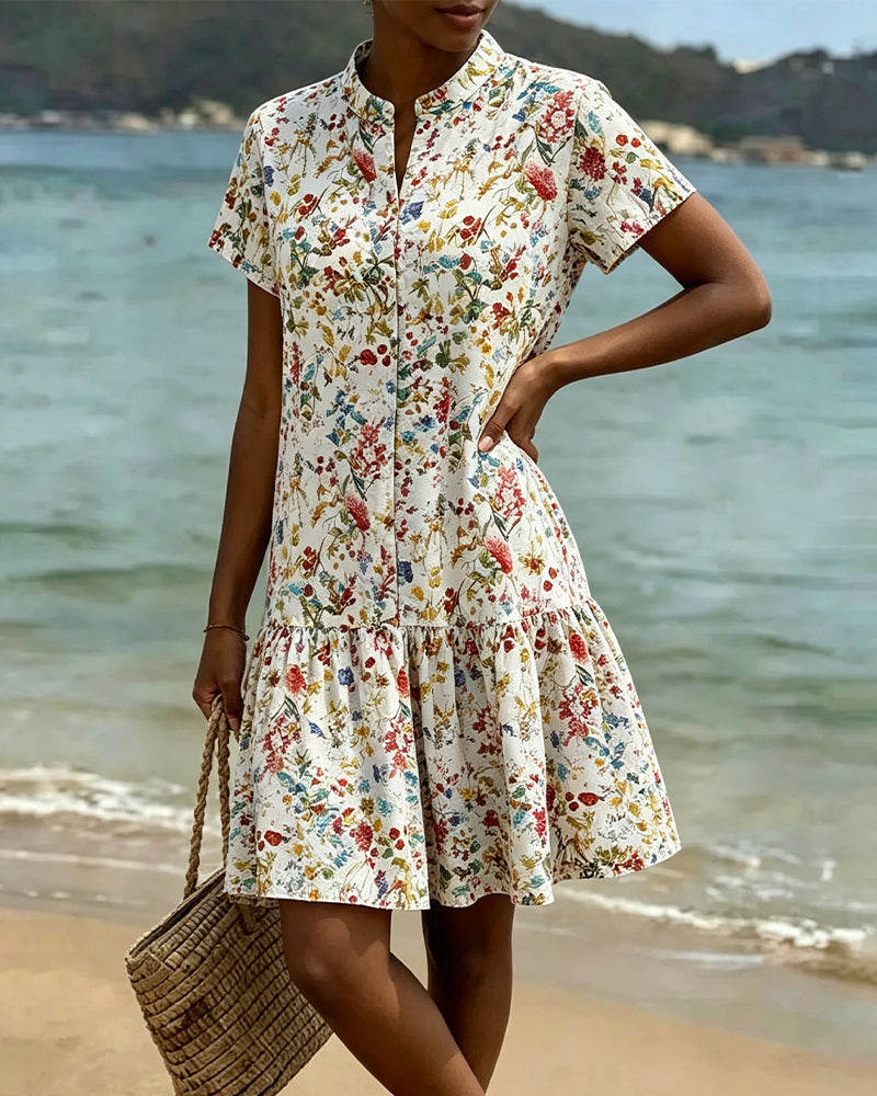 Robe Fleuri Manches Courtes Ourlet Volanté