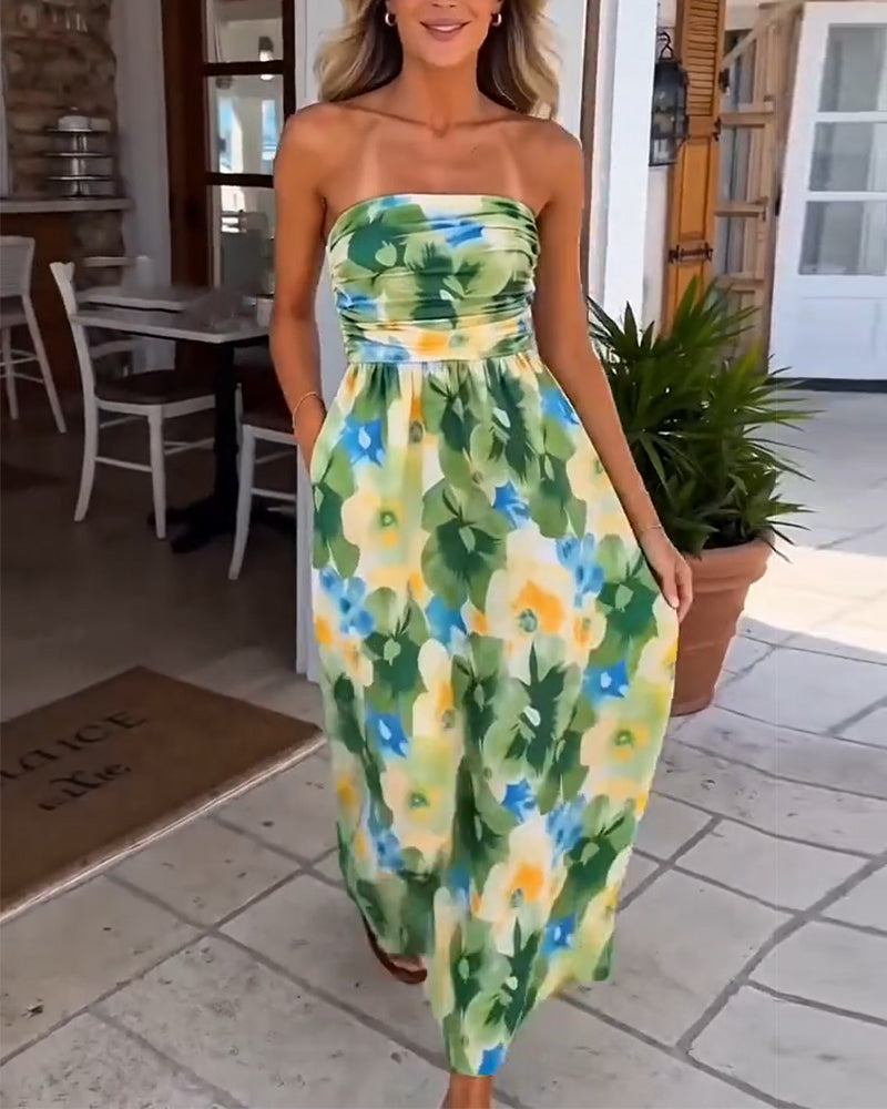 Robe Florale Sans Bretelles Taille A-Ligne