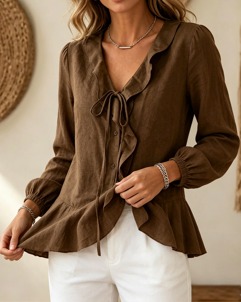 Blouse Col V Volant Cravate Manche Longue