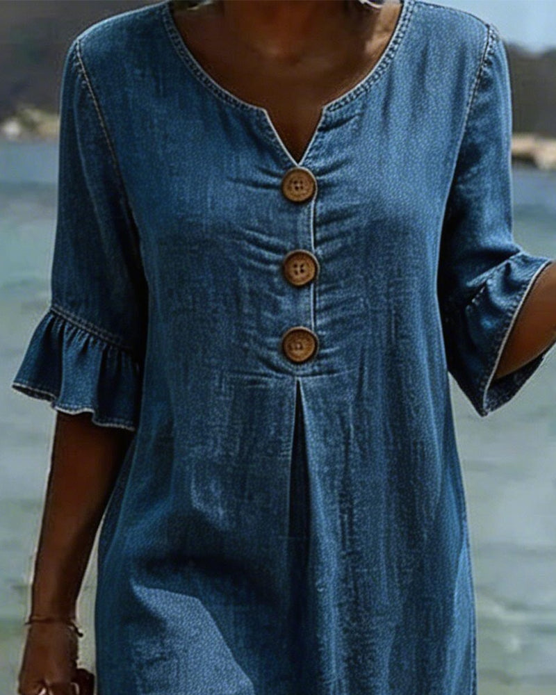 Robe Lotus Feuille Manches Jeans